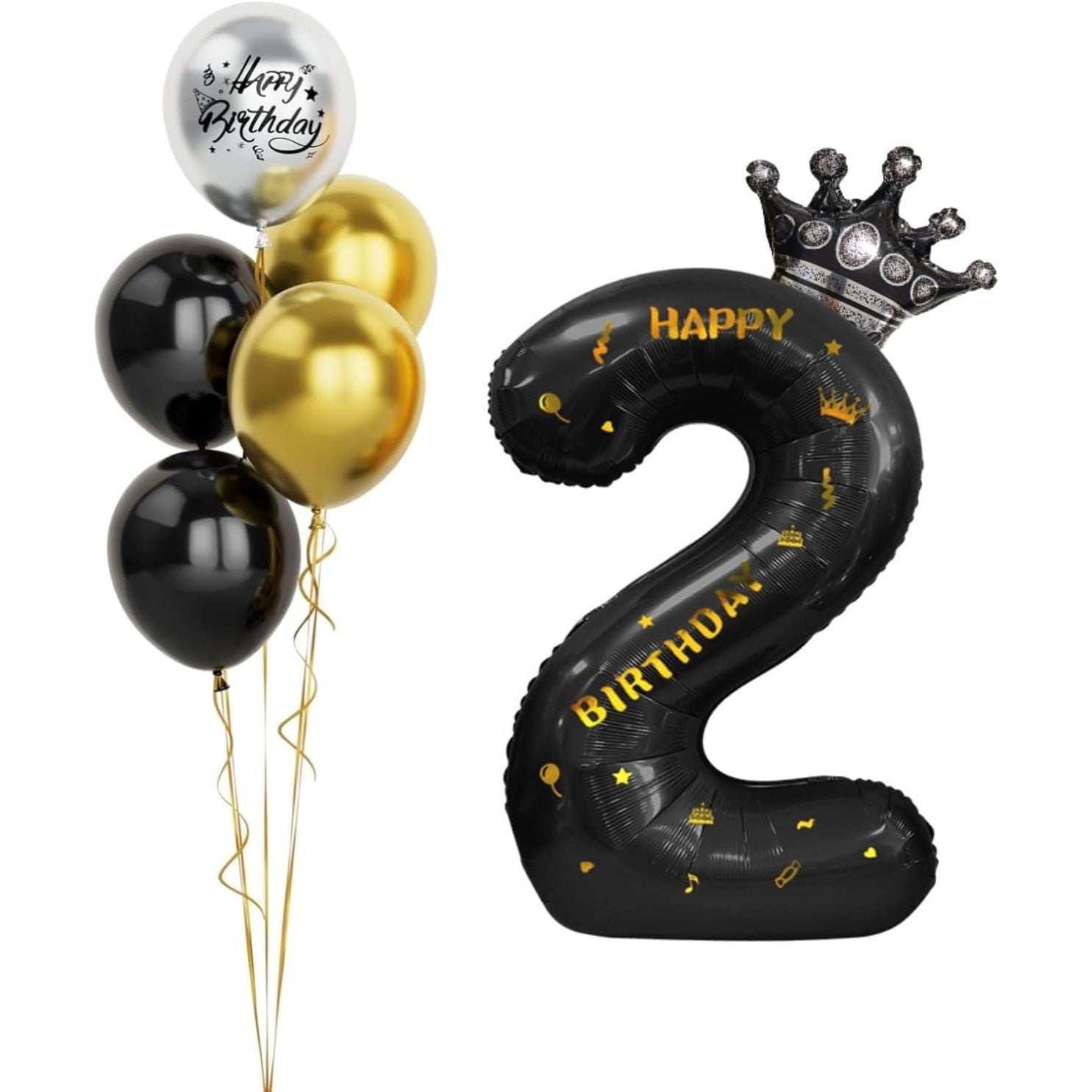 Balon din Folie Metalizata Flippy, Figurina Cifra si Coroana, Scris Happy Birthday, Tema Aniversare 100 cm, Ambalaj