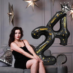Balon din Folie Metalizata Flippy, Figurina Cifra si Coroana, Scris Happy Birthday, Tema Aniversare 100 cm, Ambalaj