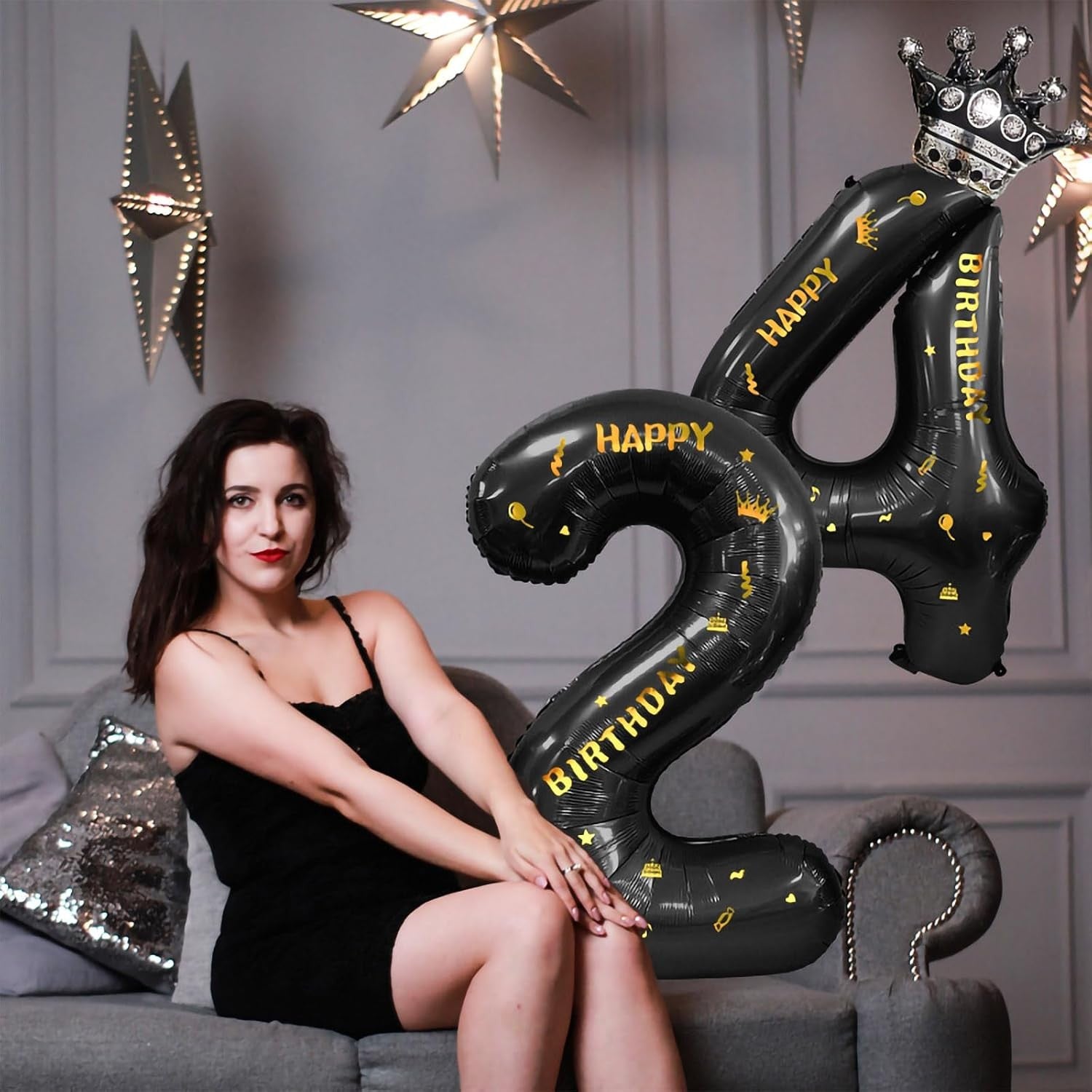 Balon din Folie Metalizata Flippy, Figurina Cifra si Coroana, Scris Happy Birthday, Tema Aniversare 100 cm, Ambalaj
