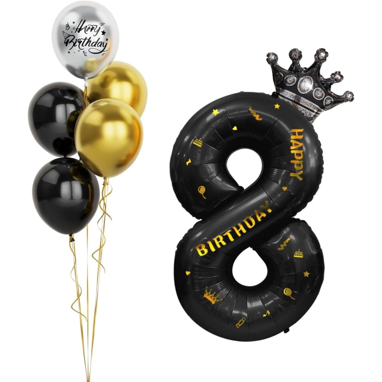 Balon din Folie Metalizata Flippy, Figurina Cifra si Coroana, Scris Happy Birthday, Tema Aniversare 100 cm, Ambalaj