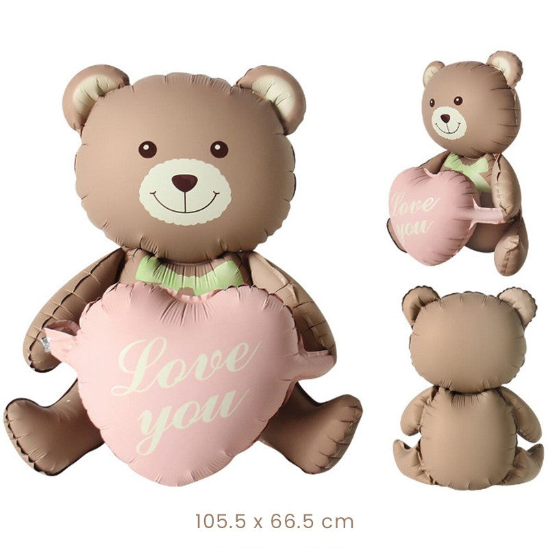 Balon din Folie Metalizata, Flippy, Figurina Animata, Model Ursulet cu Inimioare, 105.5 x 66.5 cm, Ambalaj Individual,