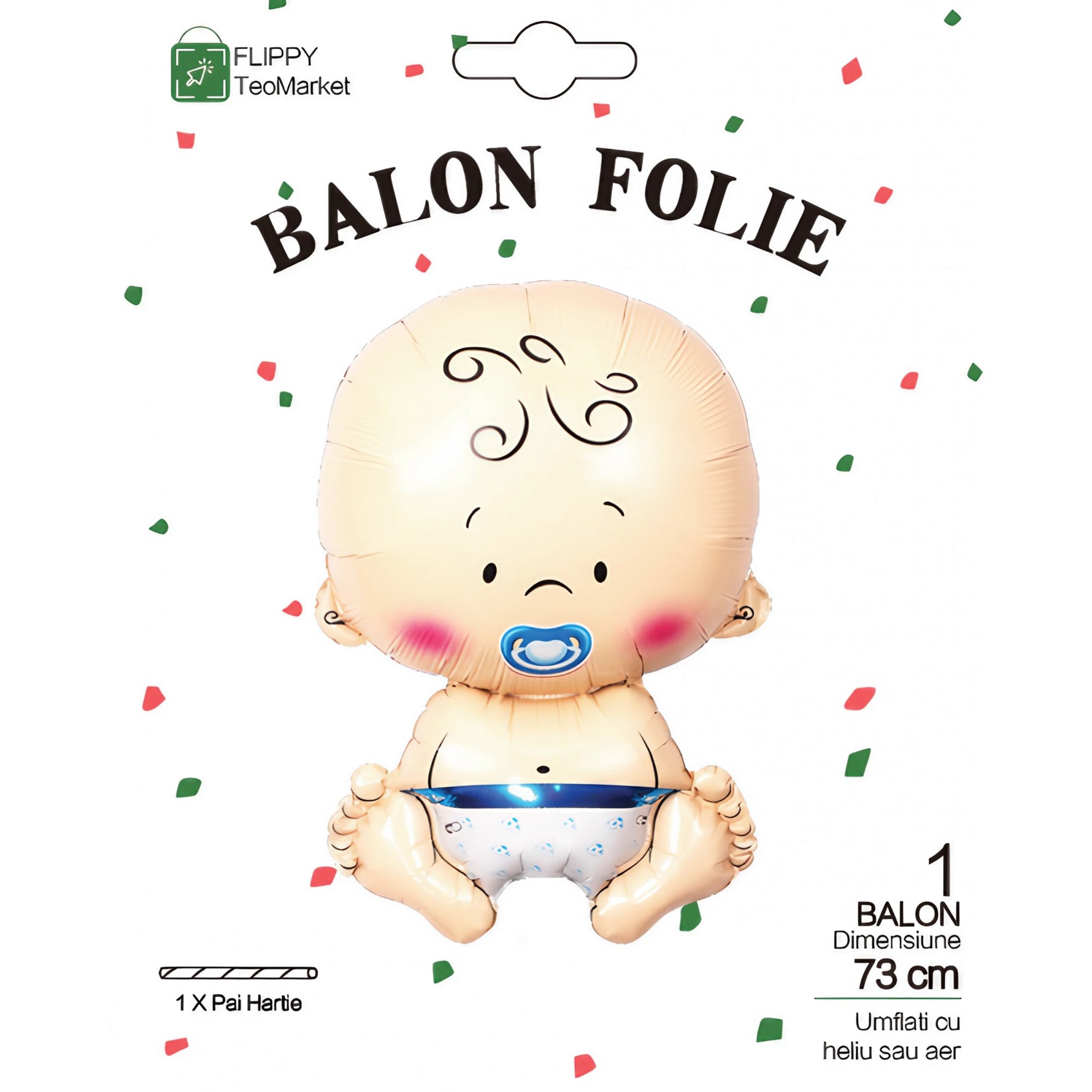 Balon din Folie Metalizata, Flippy, Figurina Baietel, Tema Botez, 73x48 cm, Ambalaj Individual, Pai Inclus, Umflare cu