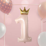 Balon din Folie Metalizata, Flippy, Figurina Cifra 1, Model Coroana Printesa, 91 cm, Ambalaj Individual, Pai inclus,