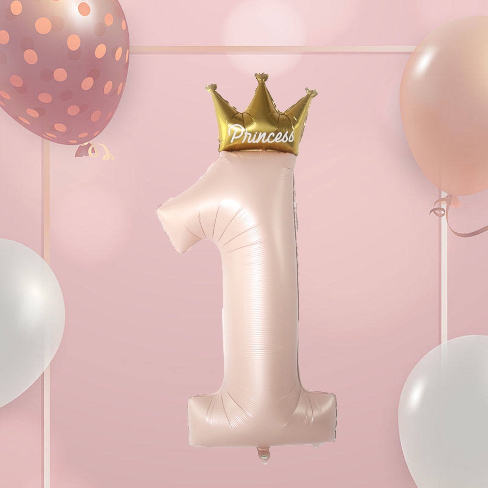Balon din Folie Metalizata, Flippy, Figurina Cifra 1, Model Coroana Printesa, 91 cm, Ambalaj Individual, Pai inclus,