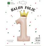 Balon din Folie Metalizata, Flippy, Figurina Cifra 1, Model Coroana Printesa, 91 cm, Ambalaj Individual, Pai inclus,