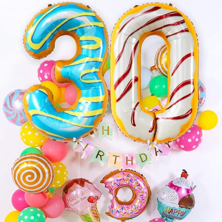 Balon din Folie Metalizata Flippy, Figurina Cifra, Imprimeu Gogosi, Tema Aniversare 100 cm, Ambalaj Individual, Pai