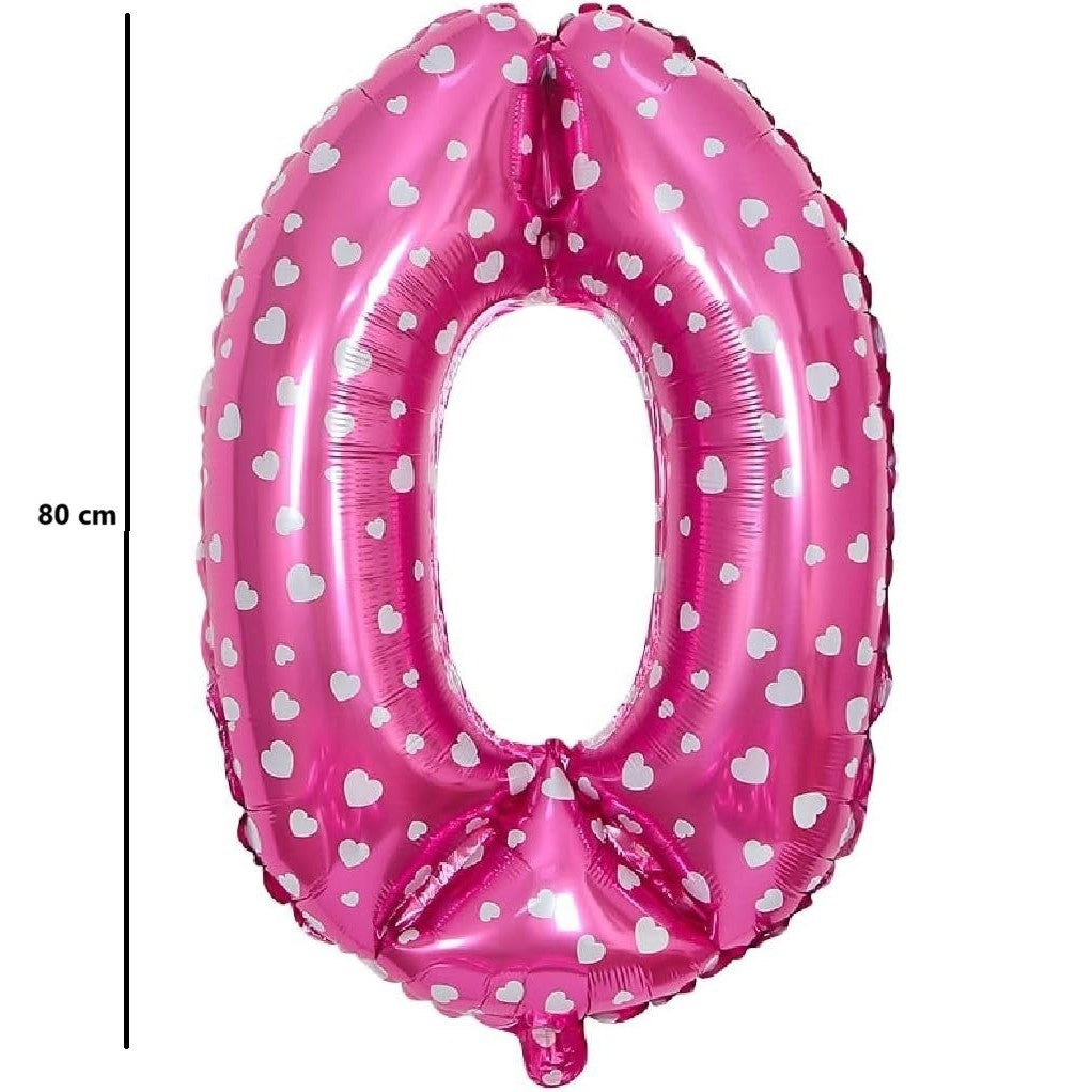 Balon din Folie Metalizata Flippy, Figurina Cifra, Imprimeu Inimi, Tema Aniversare 80 cm, Ambalaj Individual, Pai