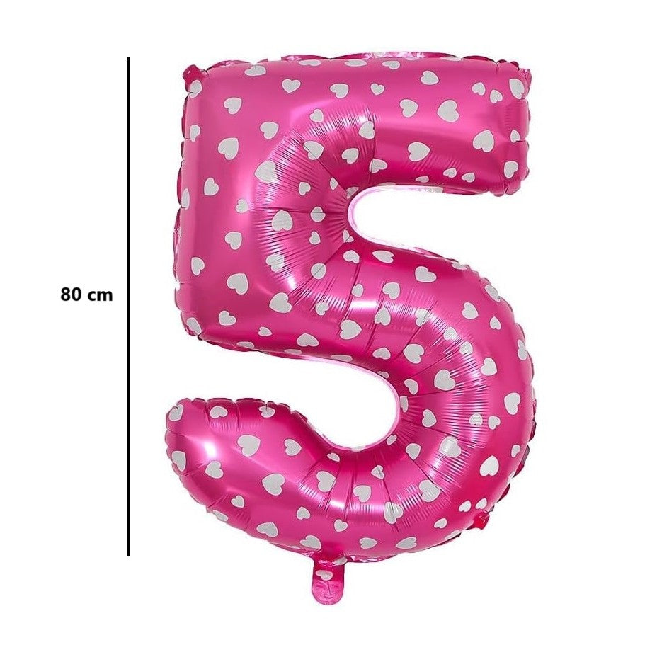 Balon din Folie Metalizata Flippy, Figurina Cifra, Imprimeu Inimi, Tema Aniversare 80 cm, Ambalaj Individual, Pai