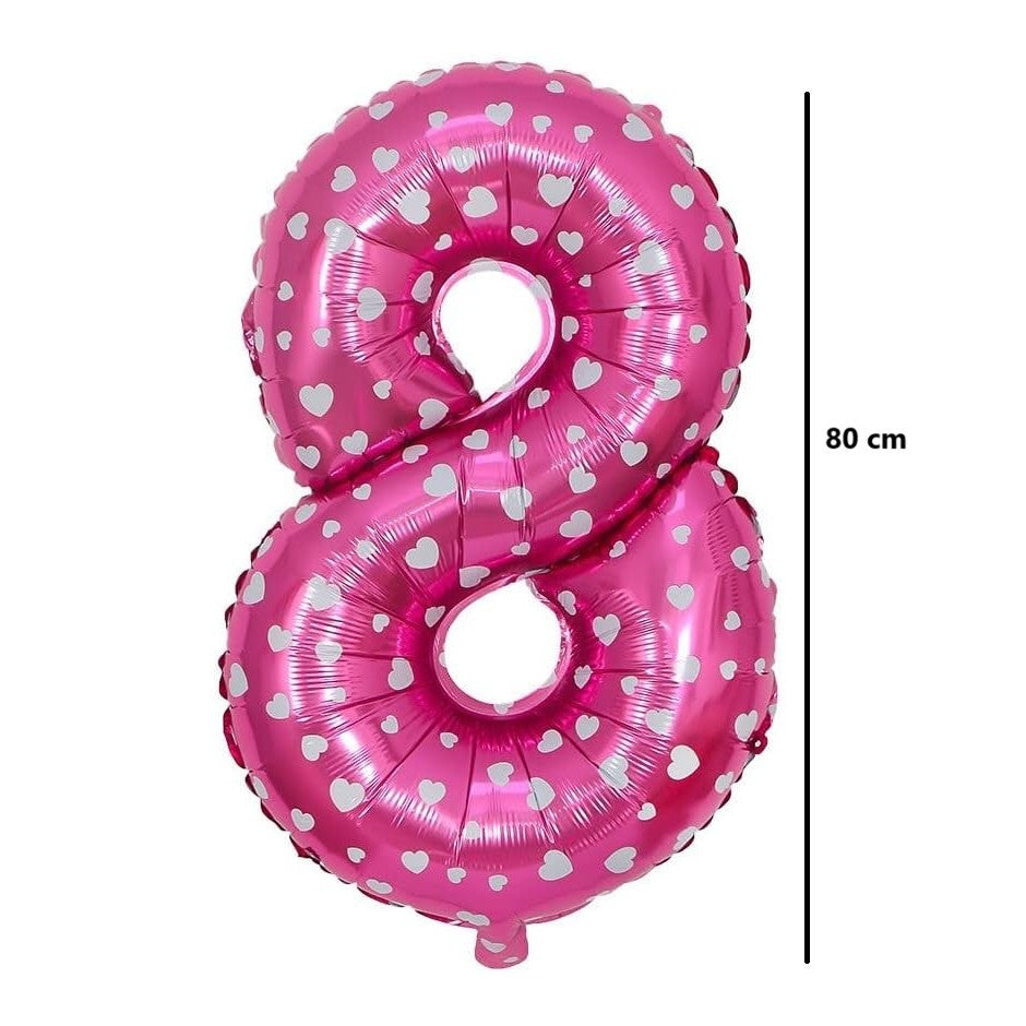 Balon din Folie Metalizata Flippy, Figurina Cifra, Imprimeu Inimi, Tema Aniversare 80 cm, Ambalaj Individual, Pai