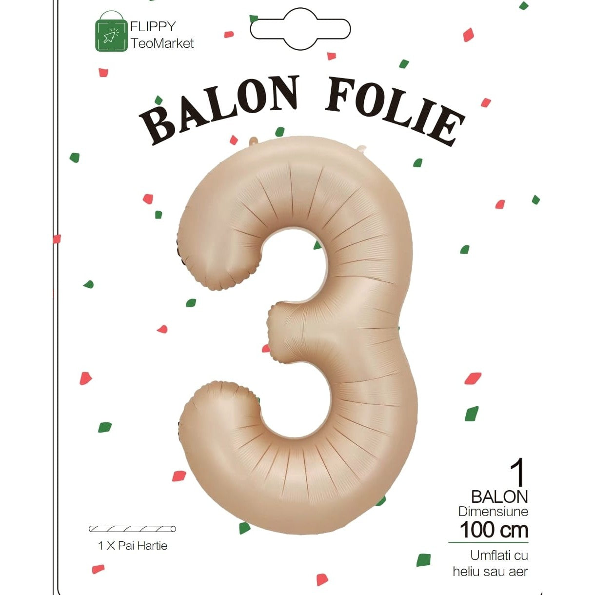 Balon din Folie Metalizata, Flippy, Figurina Cifra, Model 3, Tema Aniversare 100 cm, Ambalaj Individual, Pai Inclus,