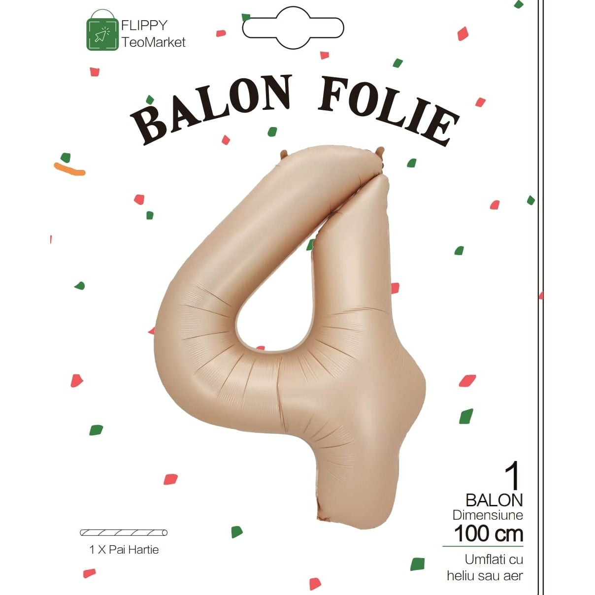 Balon din Folie Metalizata, Flippy, Figurina Cifra, Model 4, Tema Aniversare 100 cm, Ambalaj Individual, Pai Inclus,