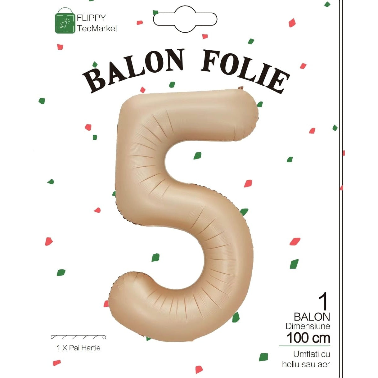 Balon din Folie Metalizata, Flippy, Figurina Cifra, Model 5, Tema Aniversare 100 cm, Ambalaj Individual, Pai Inclus,