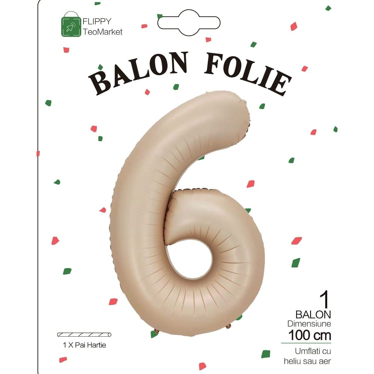 Balon din Folie Metalizata, Flippy, Figurina Cifra, Model 6, Tema Aniversare 100 cm, Ambalaj Individual, Pai Inclus,