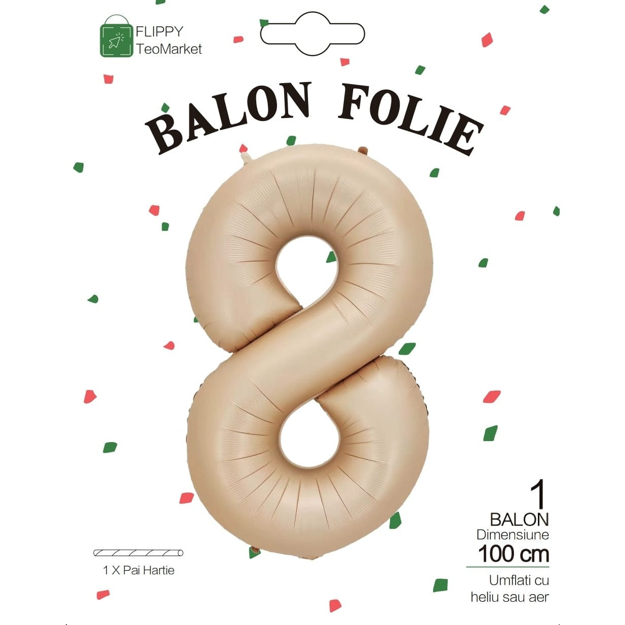 Balon din Folie Metalizata, Flippy, Figurina Cifra, Model 8, Tema Aniversare 100 cm, Ambalaj Individual, Pai Inclus,