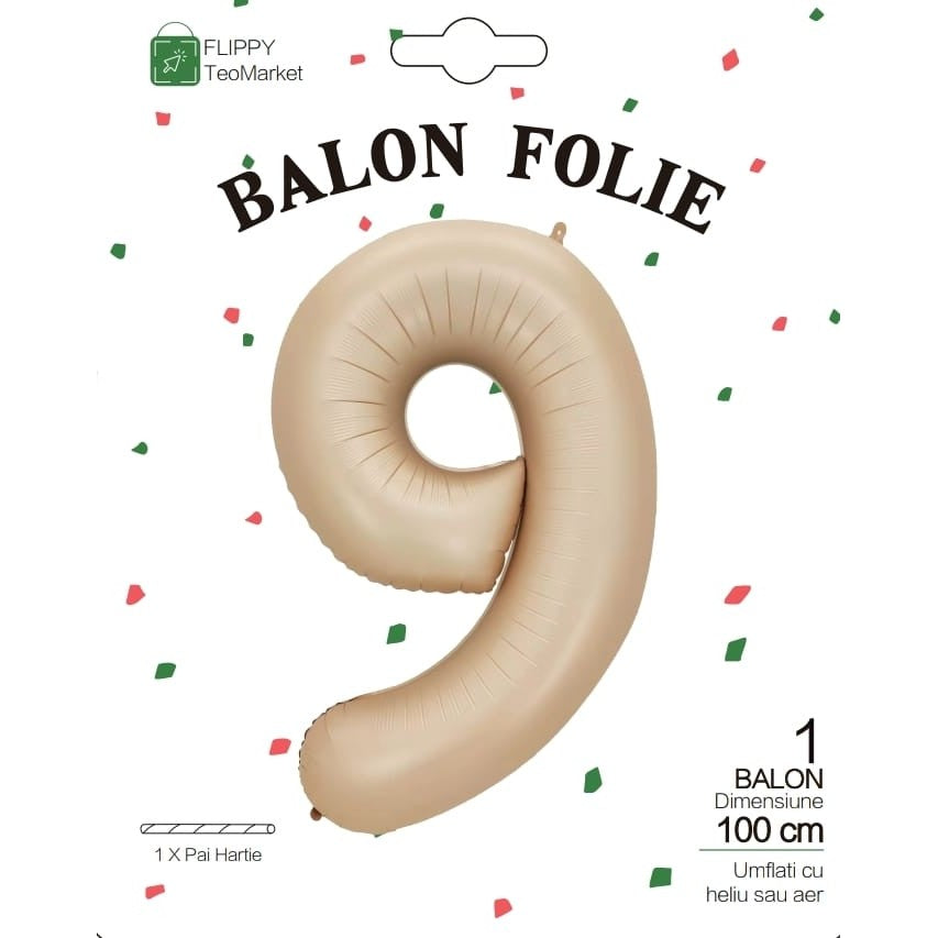 Balon din Folie Metalizata, Flippy, Figurina Cifra, Model 9, Tema Aniversare 100 cm, Ambalaj Individual, Pai Inclus,