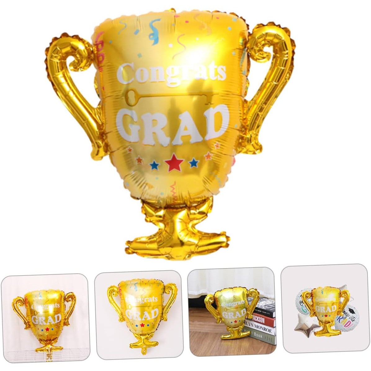 Balon din Folie Metalizata, Flippy, Figurina Cupa, Tema Absolvire, 65x72cm, Ambalaj Individual, Pai Inclus, Umflare cu