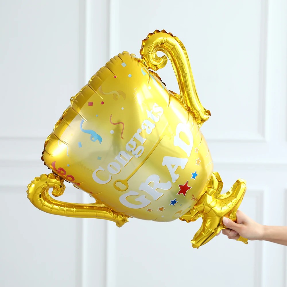 Balon din Folie Metalizata, Flippy, Figurina Cupa, Tema Absolvire, 65x72cm, Ambalaj Individual, Pai Inclus, Umflare cu