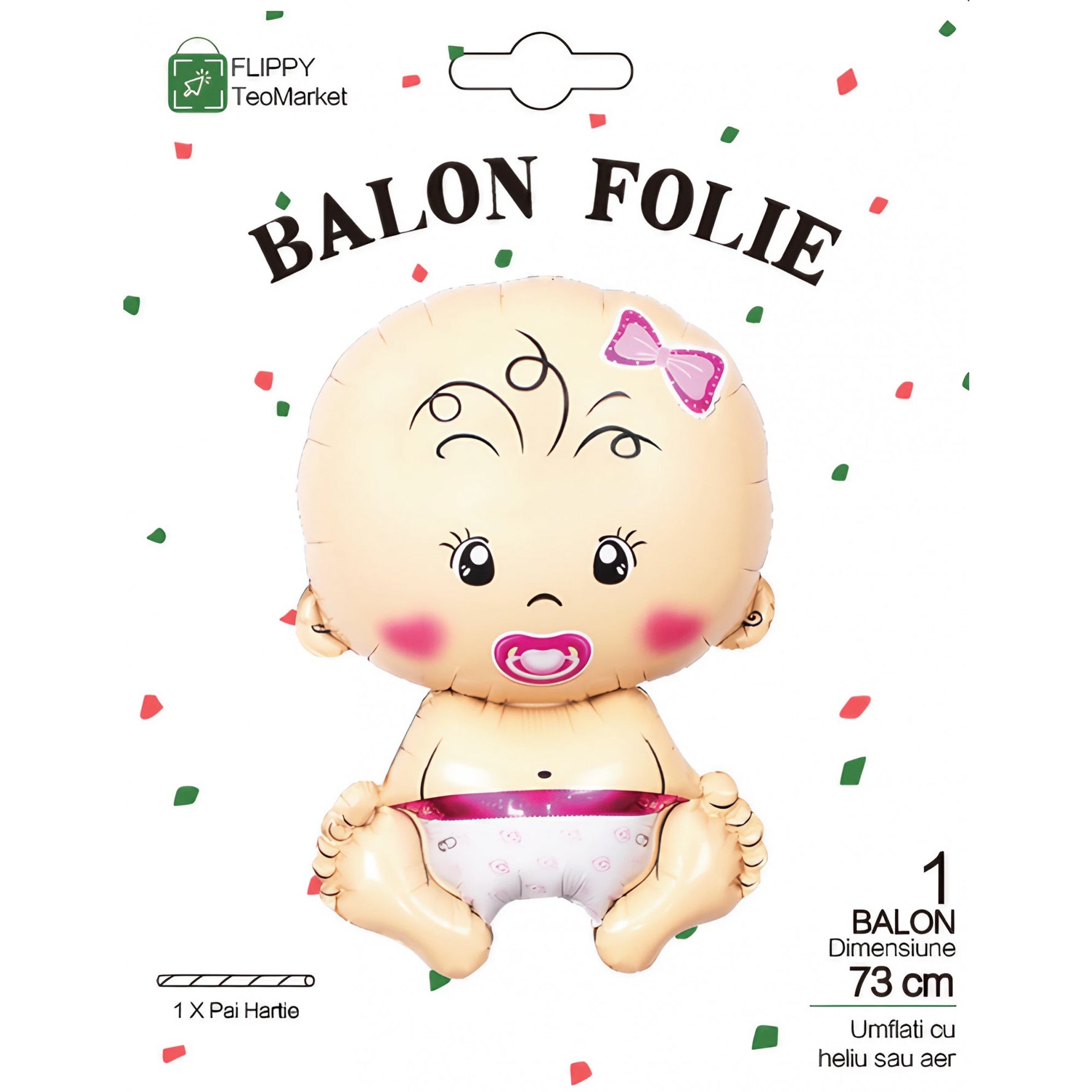 Balon din Folie Metalizata, Flippy, Figurina Fetita, Tema Botez, 73x48 cm, Ambalaj Individual, Pai Inclus, Umflare cu