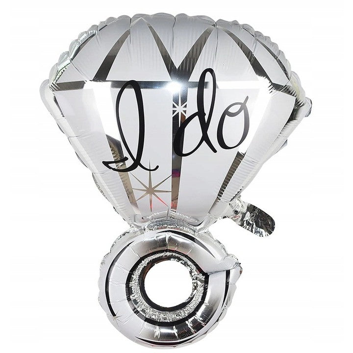 Balon din Folie Metalizata, Flippy, Figurina Inel de Logodna, Model Diamant, Tema Nunta, 60 cm, Ambalaj Individual, Pai