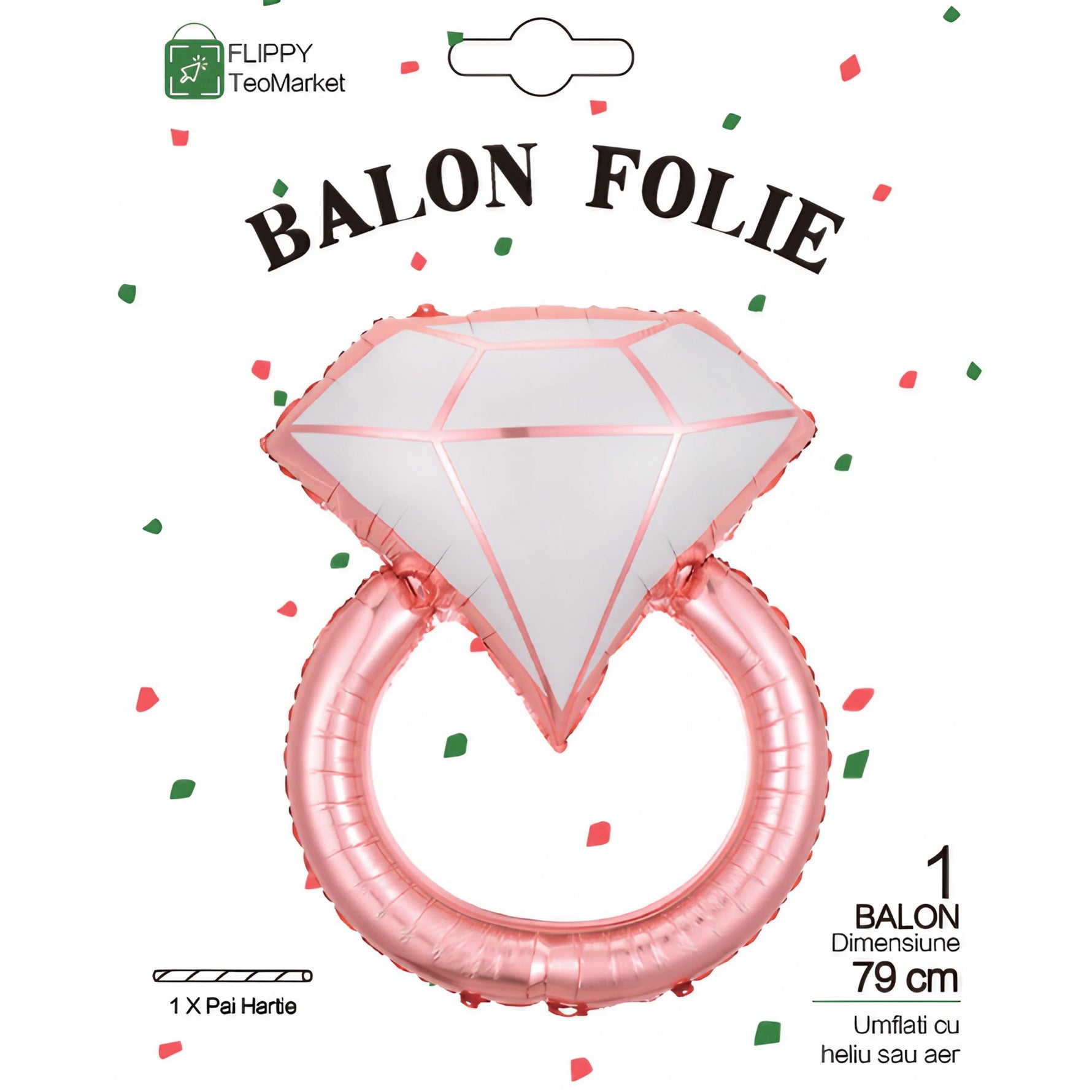 Balon din Folie Metalizata, Flippy, Figurina Inel de Logodna, Model Diamant, Tema Nunta, 60 cm, Ambalaj Individual, Pai