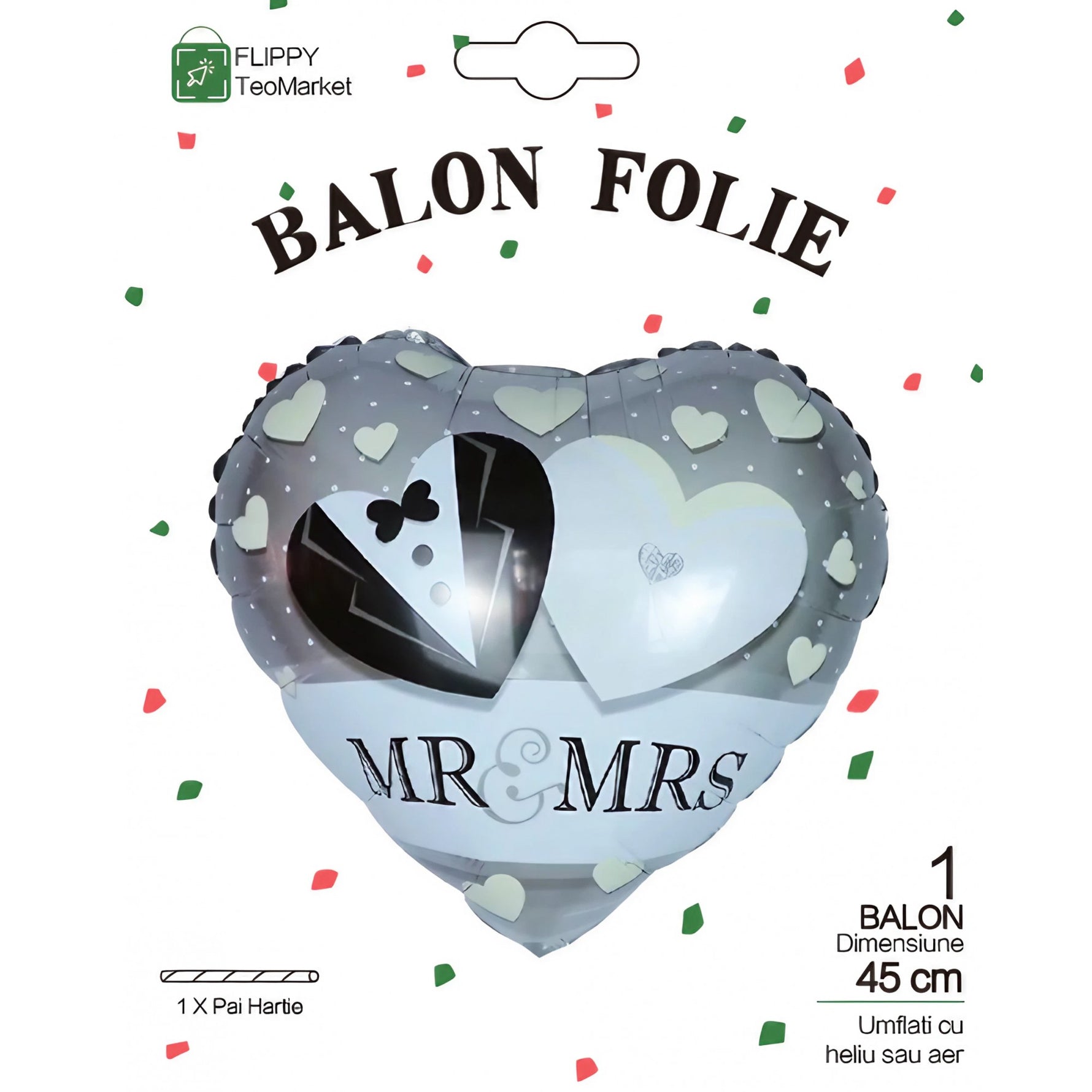 Balon din Folie Metalizata, Flippy, Figurina Inima, Model Mr&Mrs, Tema Nunta, 45 cm, Ambalaj Individual, Pai Inclus,