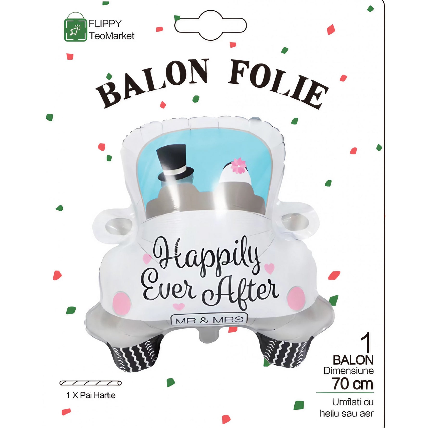 Balon din Folie Metalizata, Flippy, Figurina Masina, Model Nunta Happily Ever After, Tema Nunta, 60 x 63 cm, Ambalaj