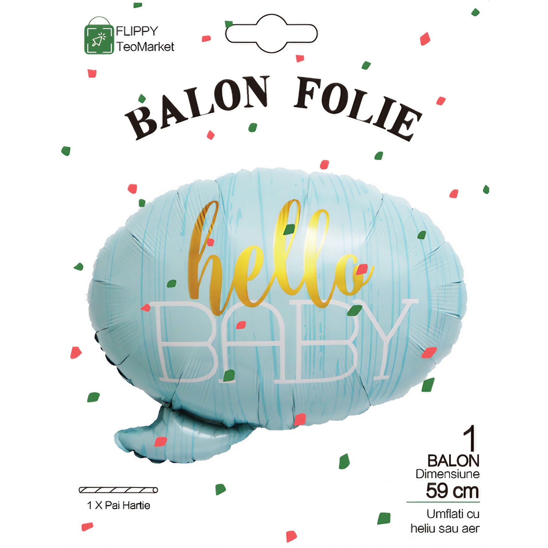 Balon din Folie Metalizata, Flippy, Figurina Norisor, Tema Hello Baby , 59x50 cm, Ambalaj Individual, Pai Inclus,