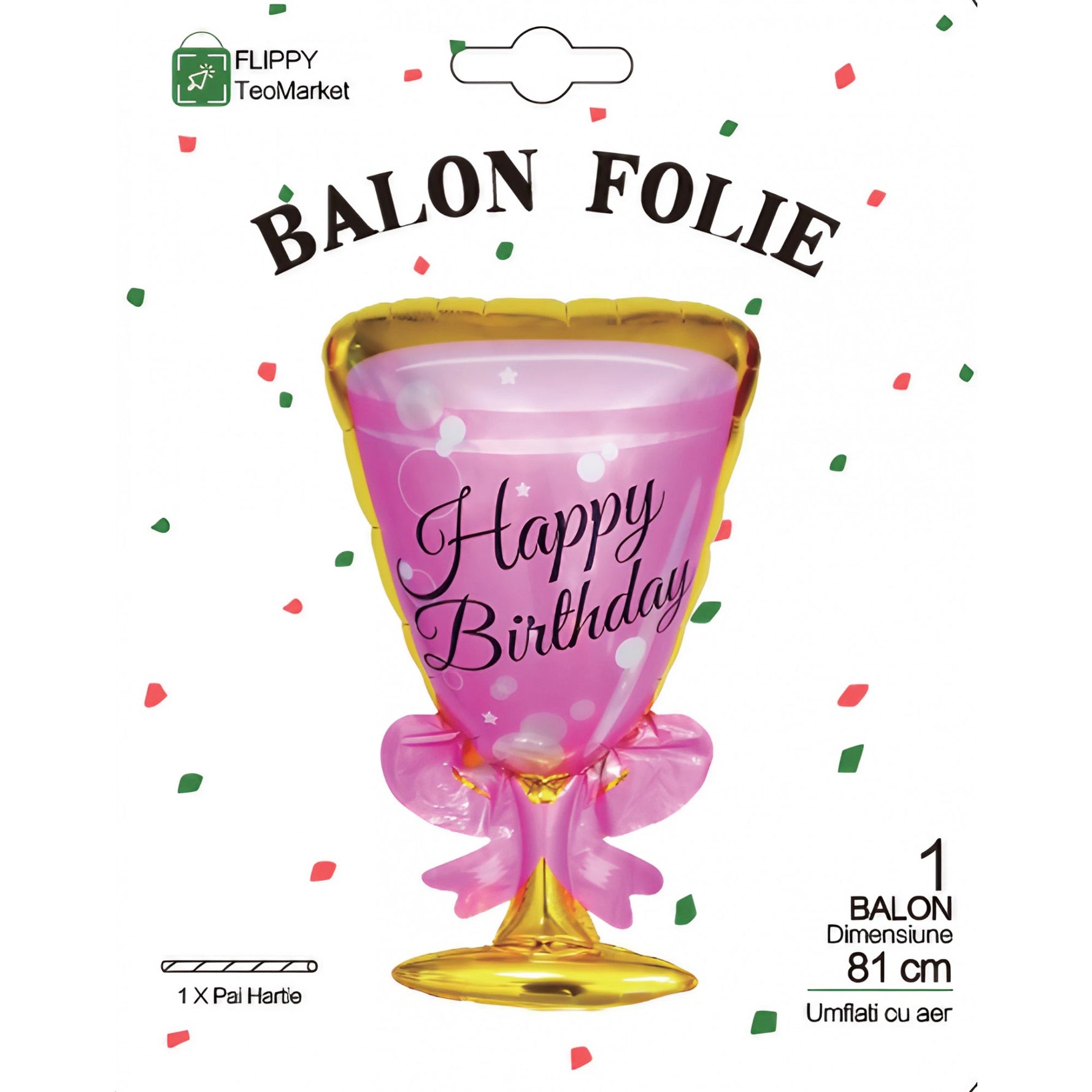Balon din Folie Metalizata, Flippy, Figurina Pahar de Vin, Tema Aniversare, 93x48 cm, Ambalaj Individual, Pai Inclus,
