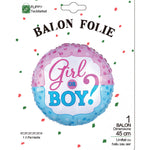 Balon din Folie Metalizata, Flippy, Figurina Rotunda, Model Girl or Boy, Tema Gender Reveal, 45 cm, Ambalaj Individual,