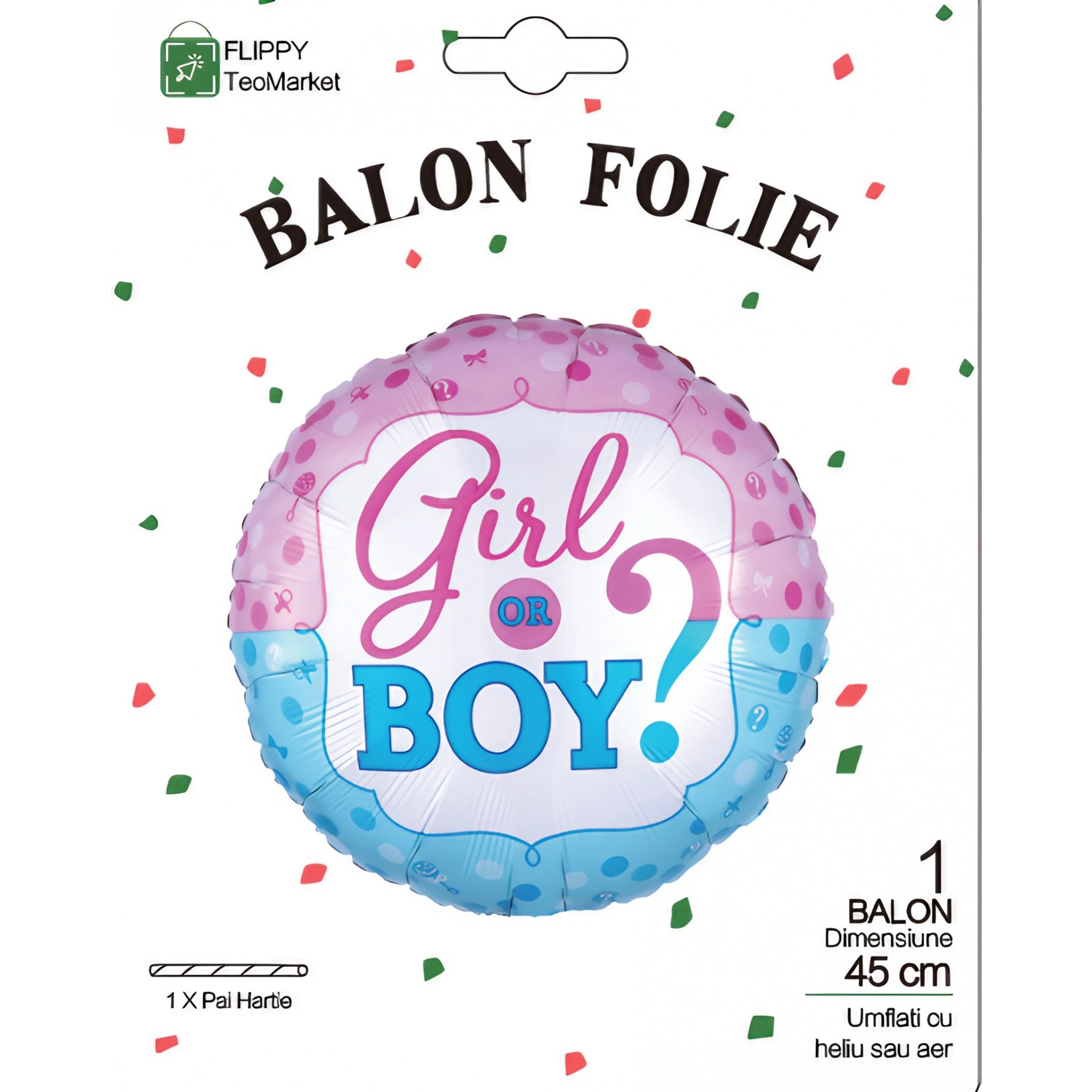 Balon din Folie Metalizata, Flippy, Figurina Rotunda, Model Girl or Boy, Tema Gender Reveal, 45 cm, Ambalaj Individual,