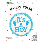 Balon din Folie Metalizata, Flippy, Figurina Rotunda, Model It's a Boy, Tema Gender Reveal, 45 cm, Ambalaj Individual,