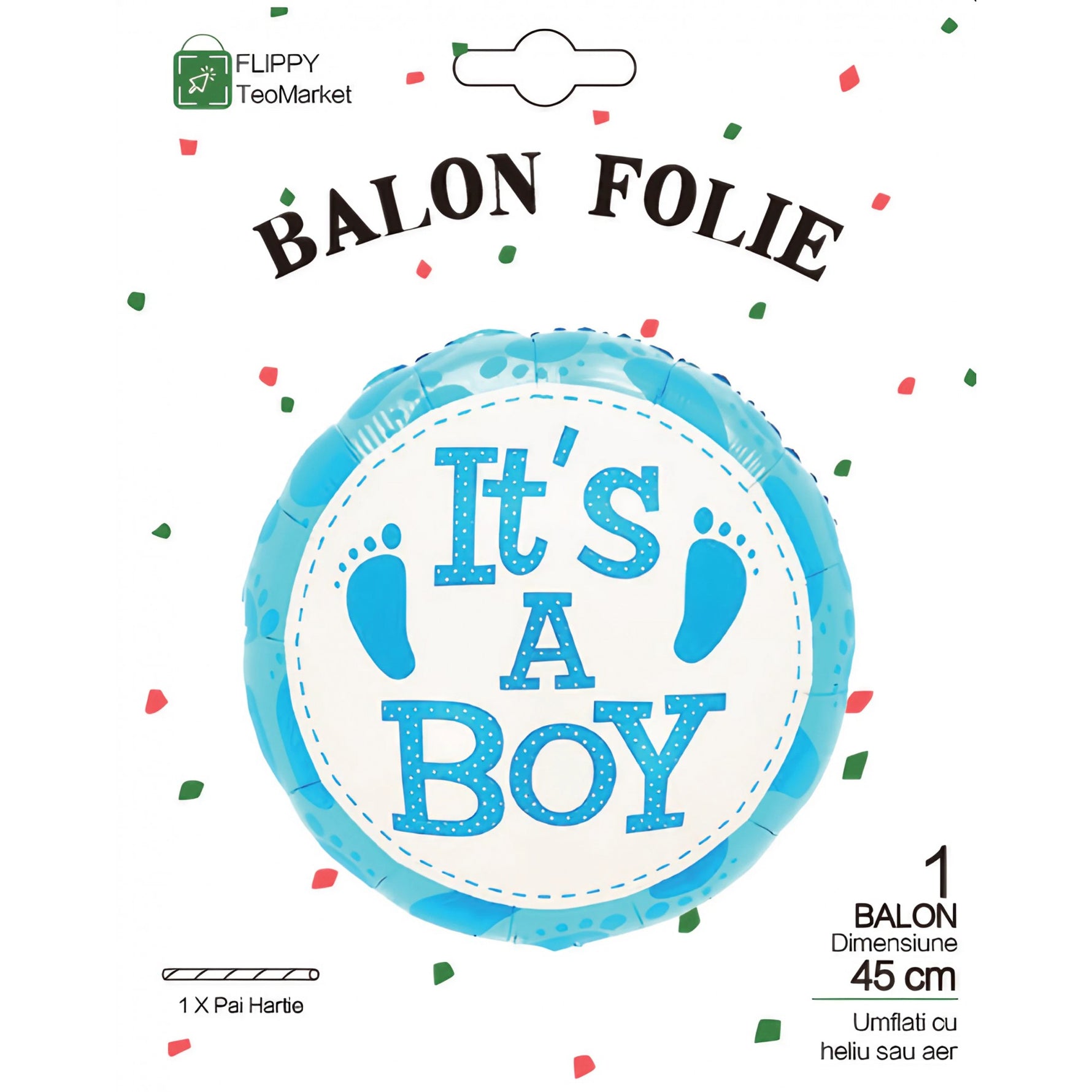 Balon din Folie Metalizata, Flippy, Figurina Rotunda, Model It's a Boy, Tema Gender Reveal, 45 cm, Ambalaj Individual,