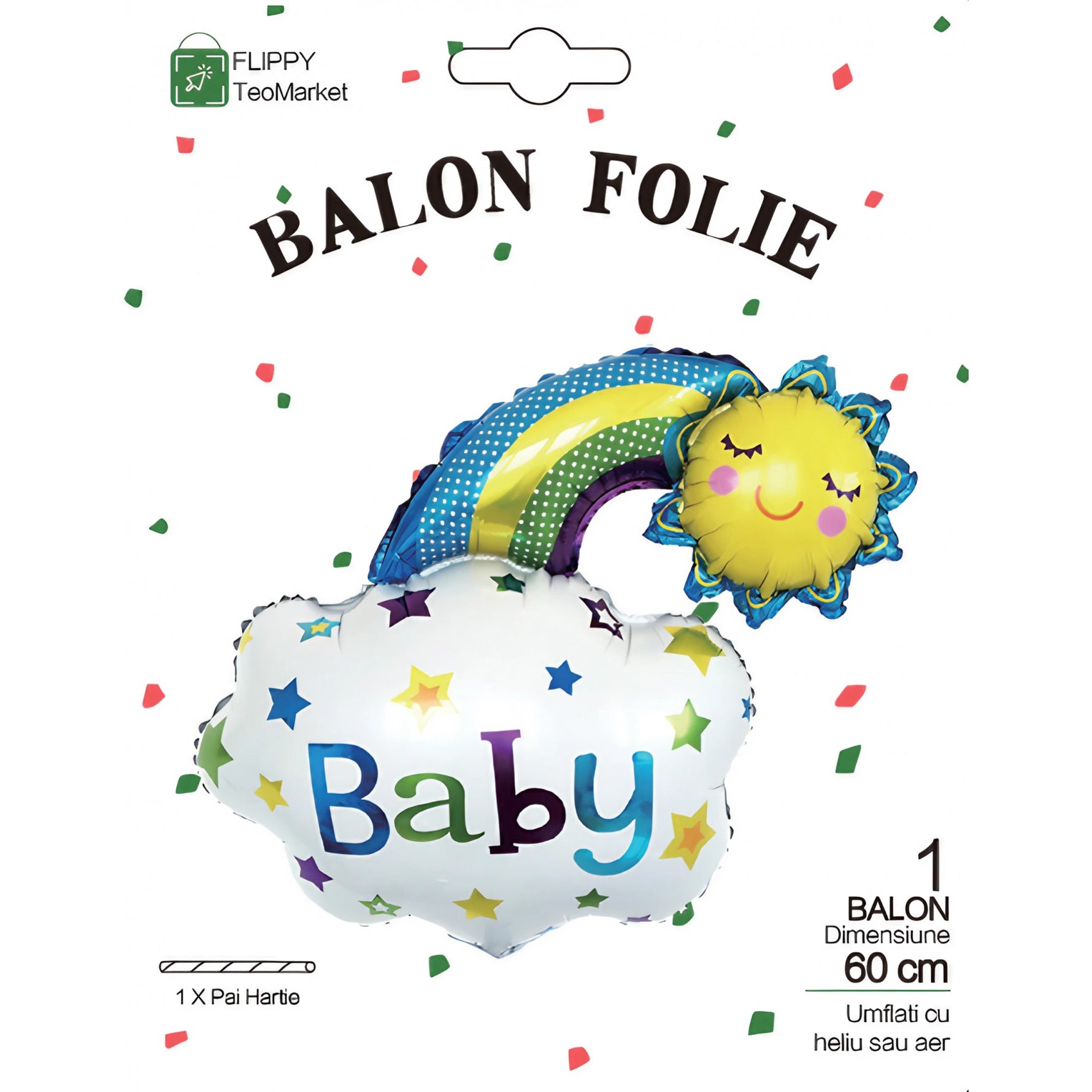 Balon din Folie Metalizata, Flippy, Figurina Soare si Nor, Tema Botez, 60x53 cm, Ambalaj Individual, Pai Inclus,