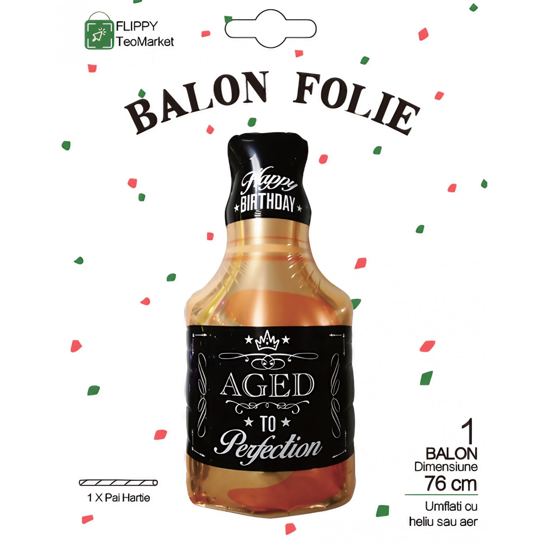 Balon din Folie Metalizata, Flippy, Figurina Sticla de Whisky, Tema Aniversare, 90x45 cm, Ambalaj Individual, Pai