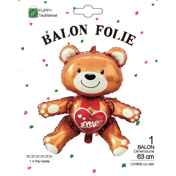 Balon din Folie Metalizata, Flippy, Figurina Urs, Model Love, Tema Ziua Indragostitilor, 60x63cm, Ambalaj Individual,