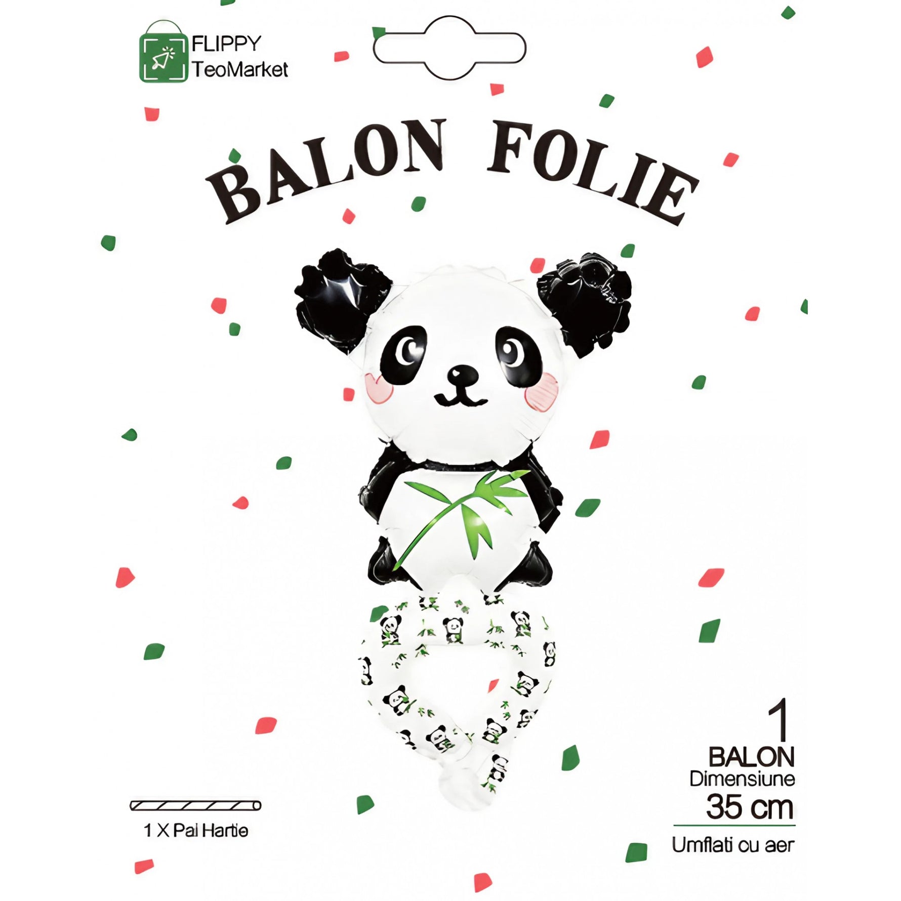 Balon din Folie Metalizata, Flippy, Figurine Animalute, Tip Bratara, Model Panda, 13 x 35 cm, Ambalaj Individual, Pai