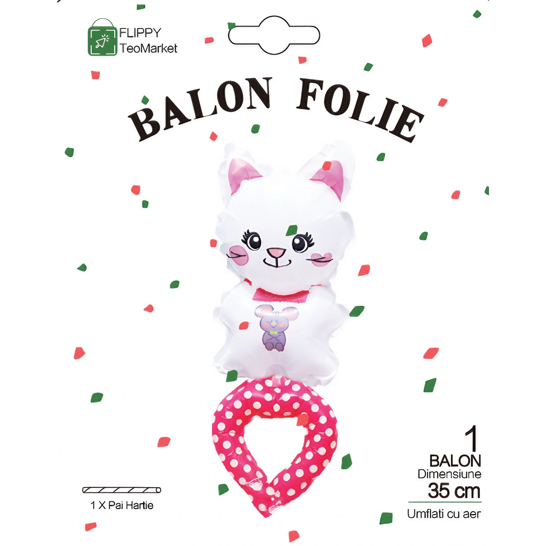 Balon din Folie Metalizata, Flippy, Figurine Animalute, Tip Bratara, Model Pisica, 13 x 35 cm, Ambalaj Individual, Pai