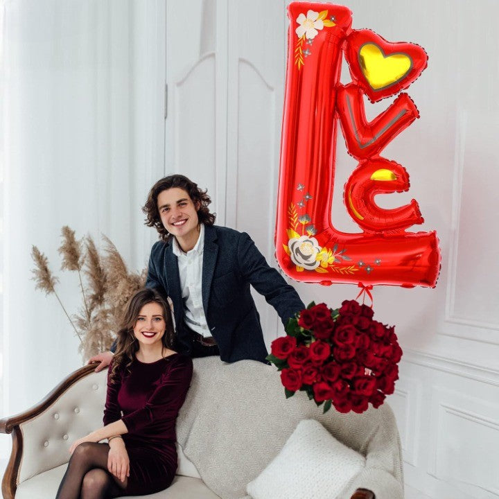 Balon din Folie Metalizata, Flippy, Figurine, Model LOVE, Tematica Iubire, 110x64 cm, Ambalaj Individual, Pai Inclus,