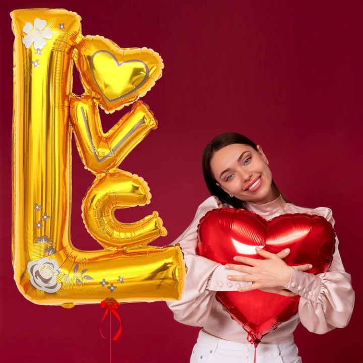 Balon din Folie Metalizata, Flippy, Figurine, Model LOVE, Tematica Iubire, 110x64 cm, Ambalaj Individual, Pai Inclus,