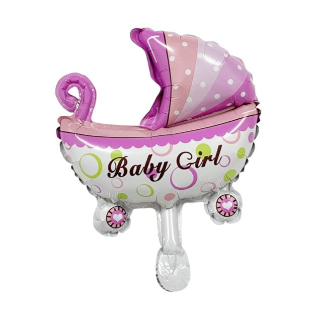 Balon din Folie Metalizata, Flippy, Mini Figurina, Model Carucior Bebelus, Tematica Gender Reveal, 39x29 cm, Ambalaj