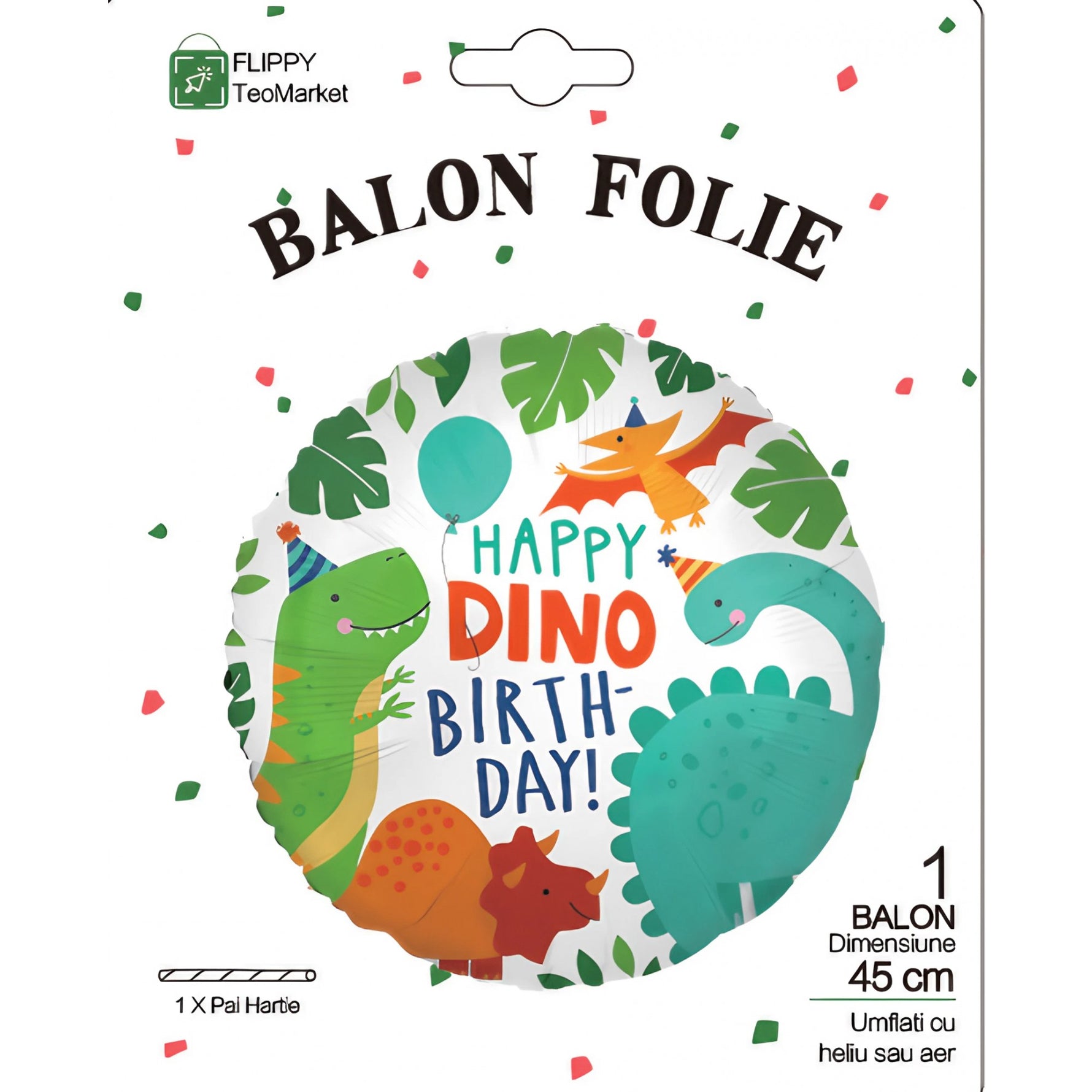 Balon din Folie Metalizata, Flippy, Mini Figurina Rotunda, Model Happy Birthday cu Dinozauri, Tema Aniversare, 45 cm,