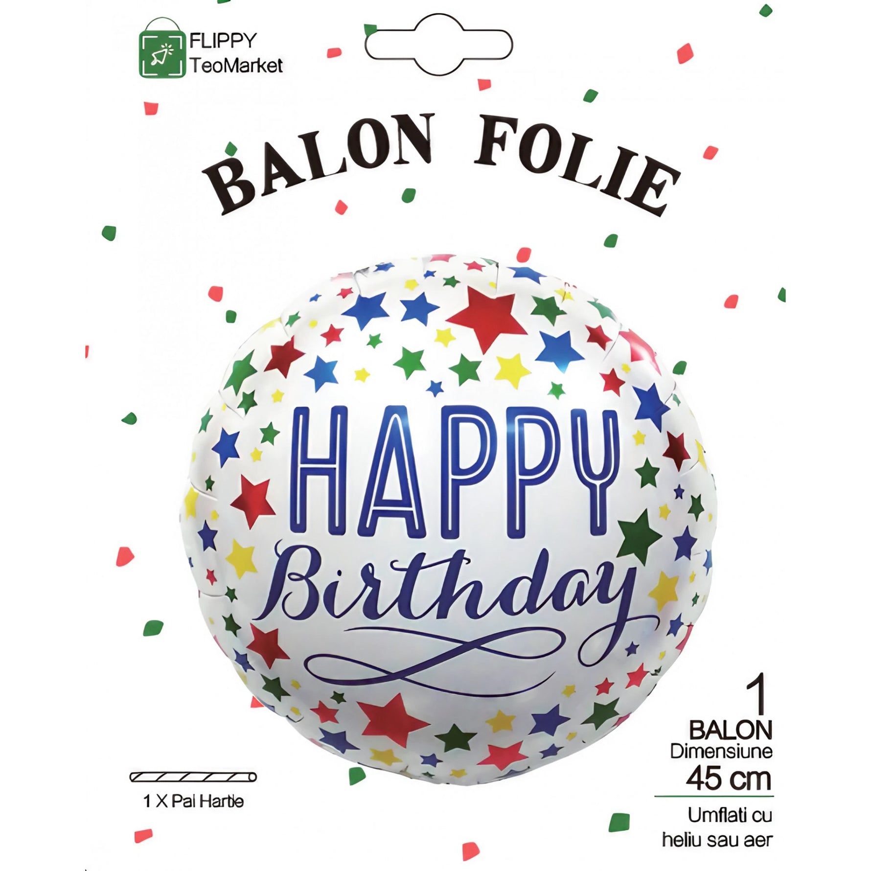 Balon din Folie Metalizata, Flippy, Mini Figurina Rotunda, Model Happy Birthday, Tema Aniversare, 45 cm, Ambalaj