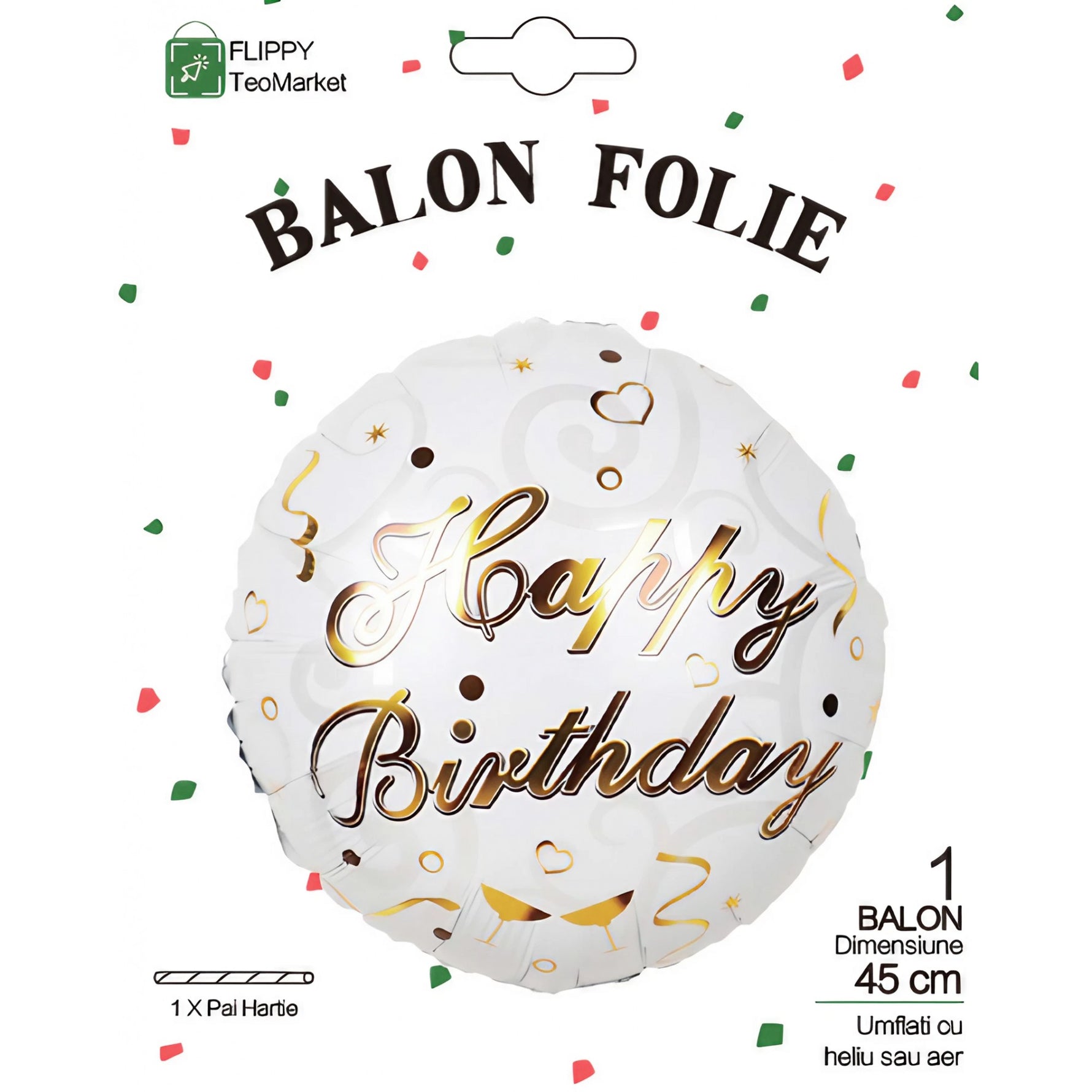 Balon din Folie Metalizata, Flippy, Mini Figurina Rotunda, Model Happy Birthday, Tema Aniversare, 45 cm, Ambalaj
