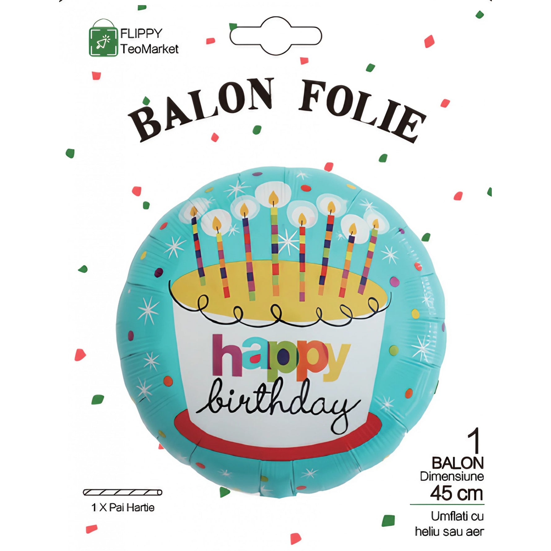 Balon din Folie Metalizata, Flippy, Mini Figurina Rotunda, Model Happy Birthday Tort, Tema Aniversare, 45 cm, Ambalaj