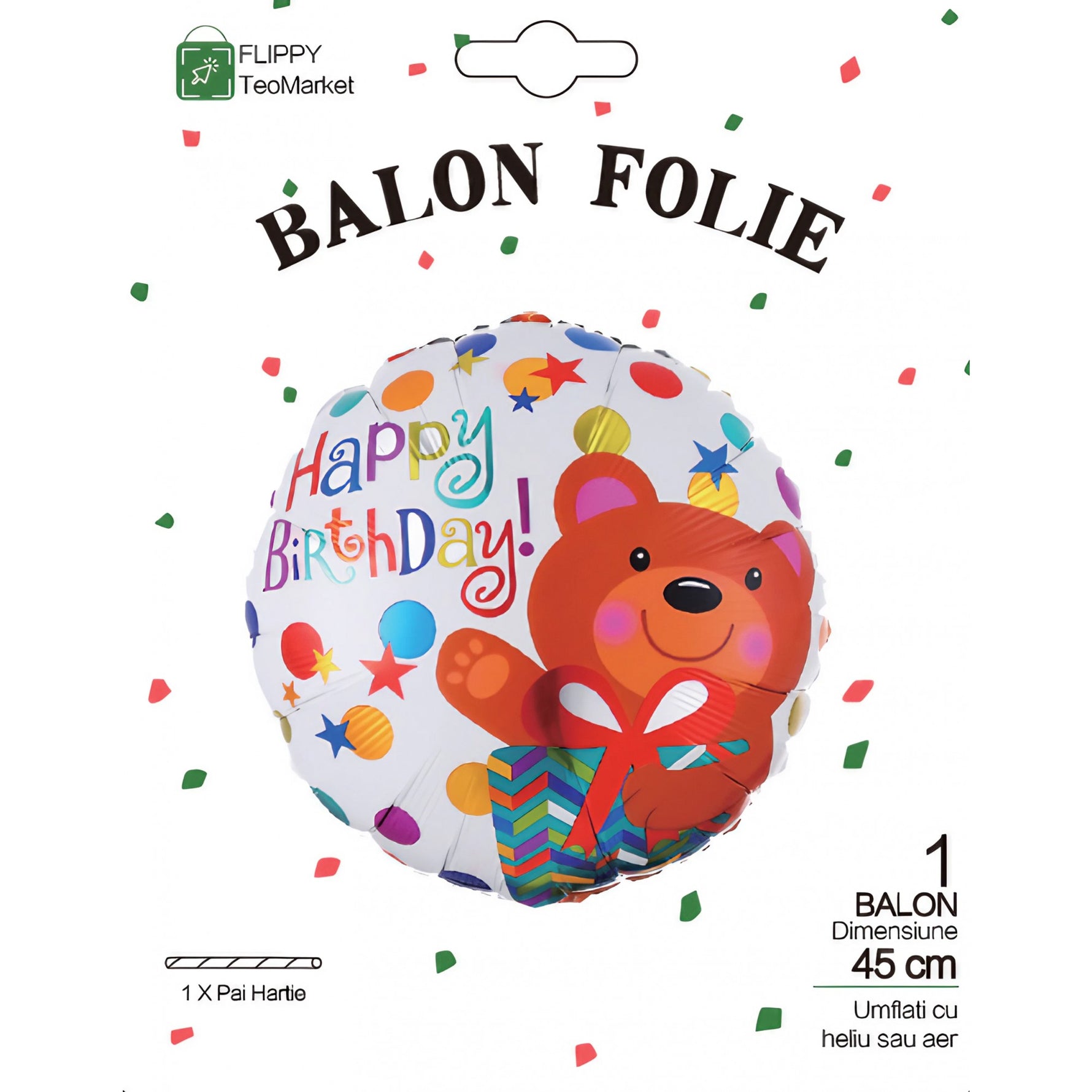 Balon din Folie Metalizata, Flippy, Mini Figurina Rotunda, Model Happy Birthday Ursulet, Tema Aniversare, 45 cm,