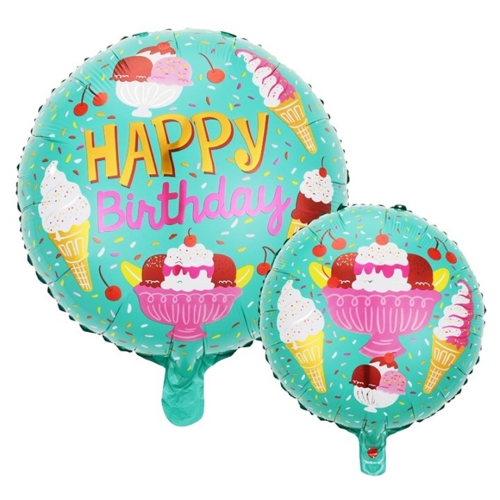 Balon din Folie Metalizata, Flippy, Mini Figurina Rotunda, Model Inghetata, Happy Birthday, Tematica Aniversare, 45 cm,