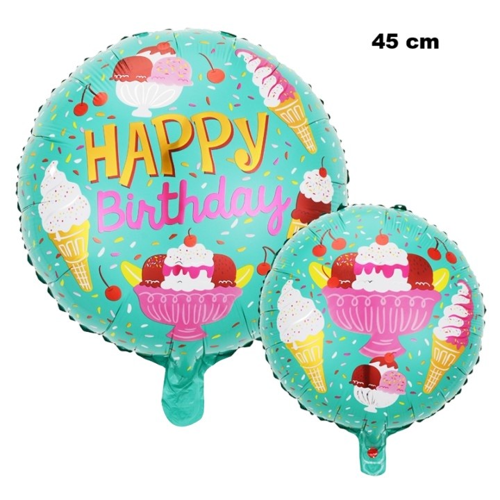 Balon din Folie Metalizata, Flippy, Mini Figurina Rotunda, Model Inghetata, Happy Birthday, Tematica Aniversare, 45 cm,