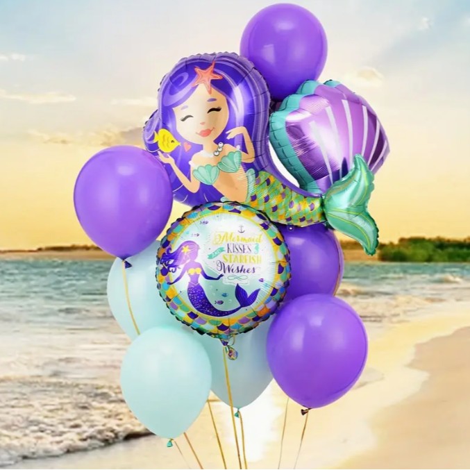 Balon din Folie Metalizata, Flippy, Mini Figurine, Model Sirena cu Par Mov, Tematica Aniversare, 39x37 cm, Ambalaj