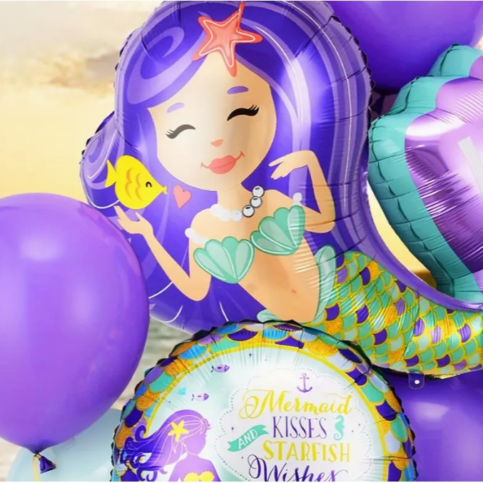 Balon din Folie Metalizata, Flippy, Mini Figurine, Model Sirena cu Par Mov, Tematica Aniversare, 39x37 cm, Ambalaj