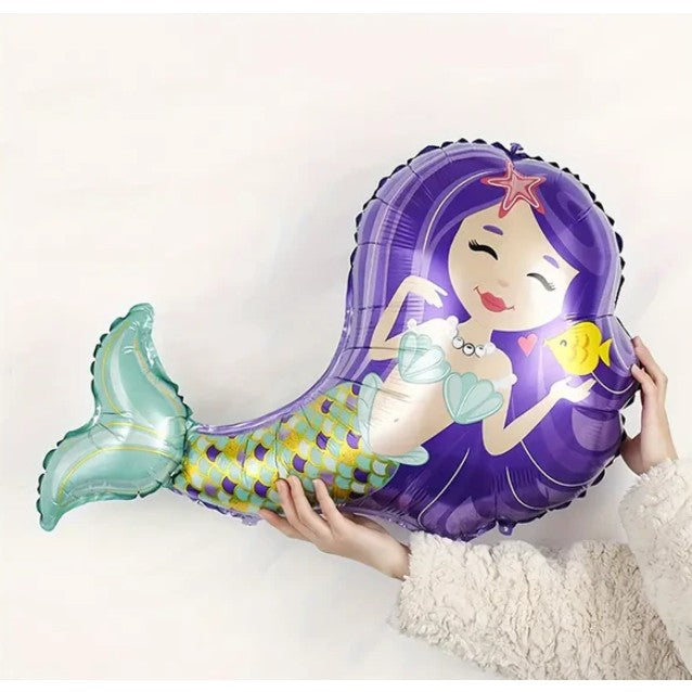 Balon din Folie Metalizata, Flippy, Mini Figurine, Model Sirena cu Par Mov, Tematica Aniversare, 39x37 cm, Ambalaj